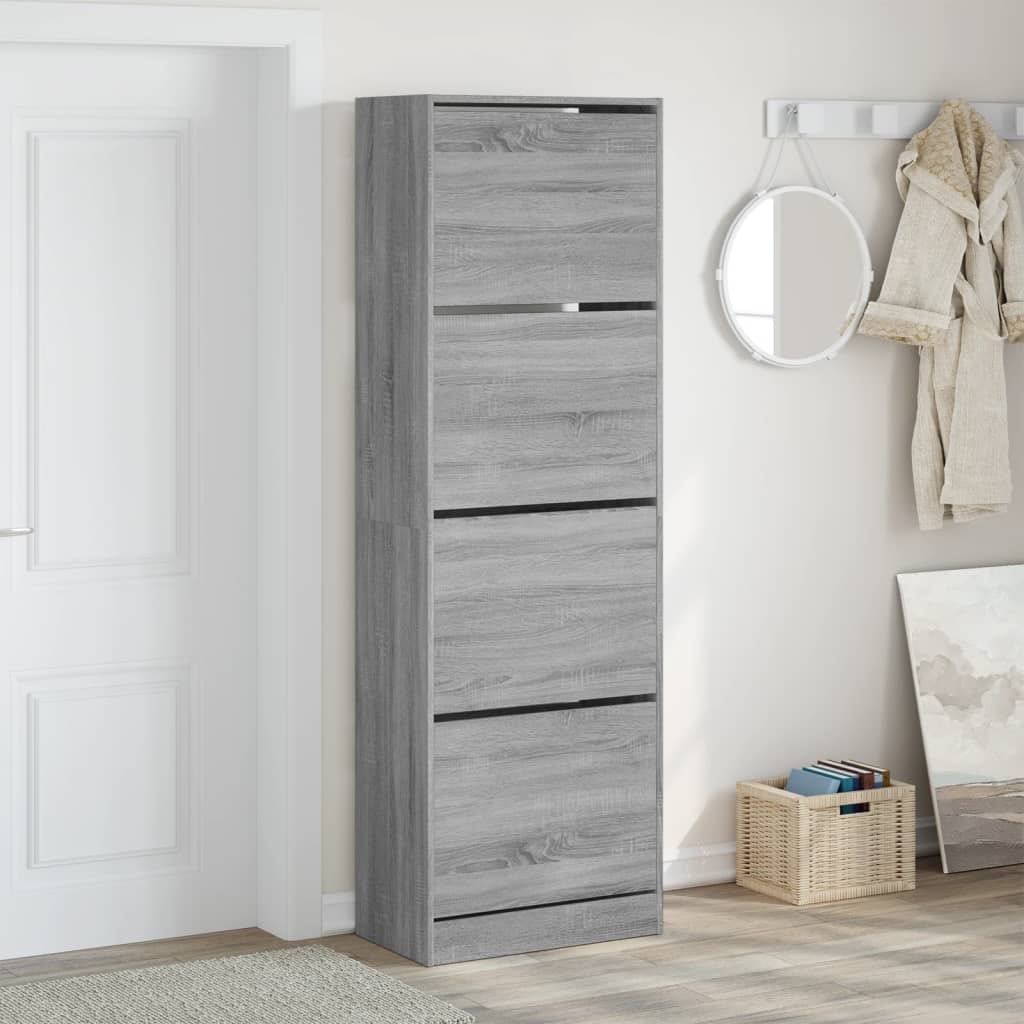 Shoe cabinet with 4 tip-out drawers, grey, 60x34x187.5cm