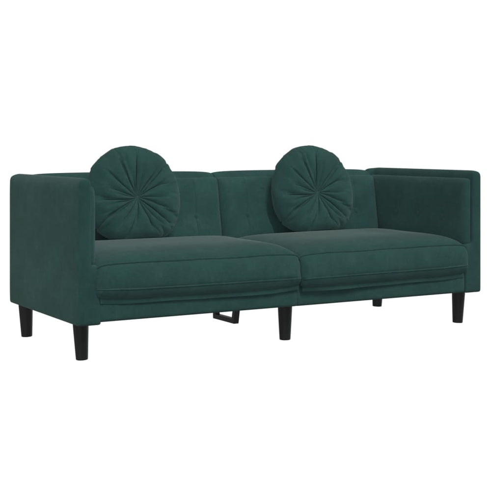 Trivietė sofa su pagalvėlėmis, tamsiai žalios spalvos, aksomas