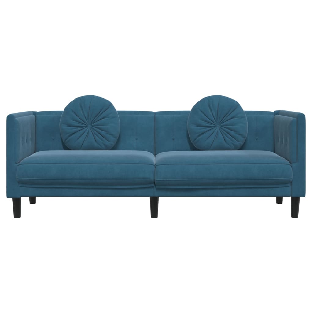 Trivietė sofa su pagalvėlėmis, mėlynos spalvos, aksomas