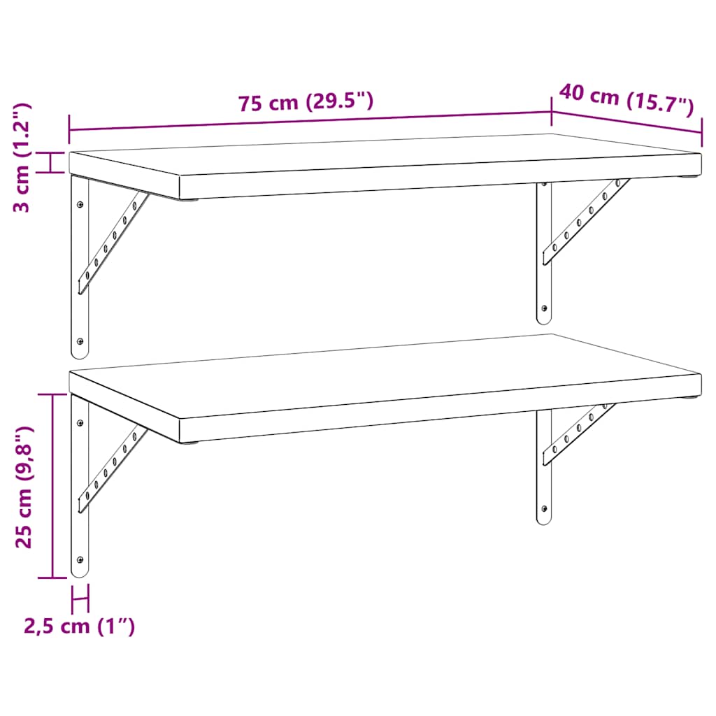 Wall shelves, 2 pcs., silver, 75x40cm, steel