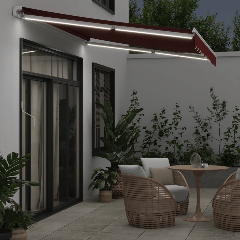 Manual Retractable Awning with LED, burgundy, 350x250 cm
