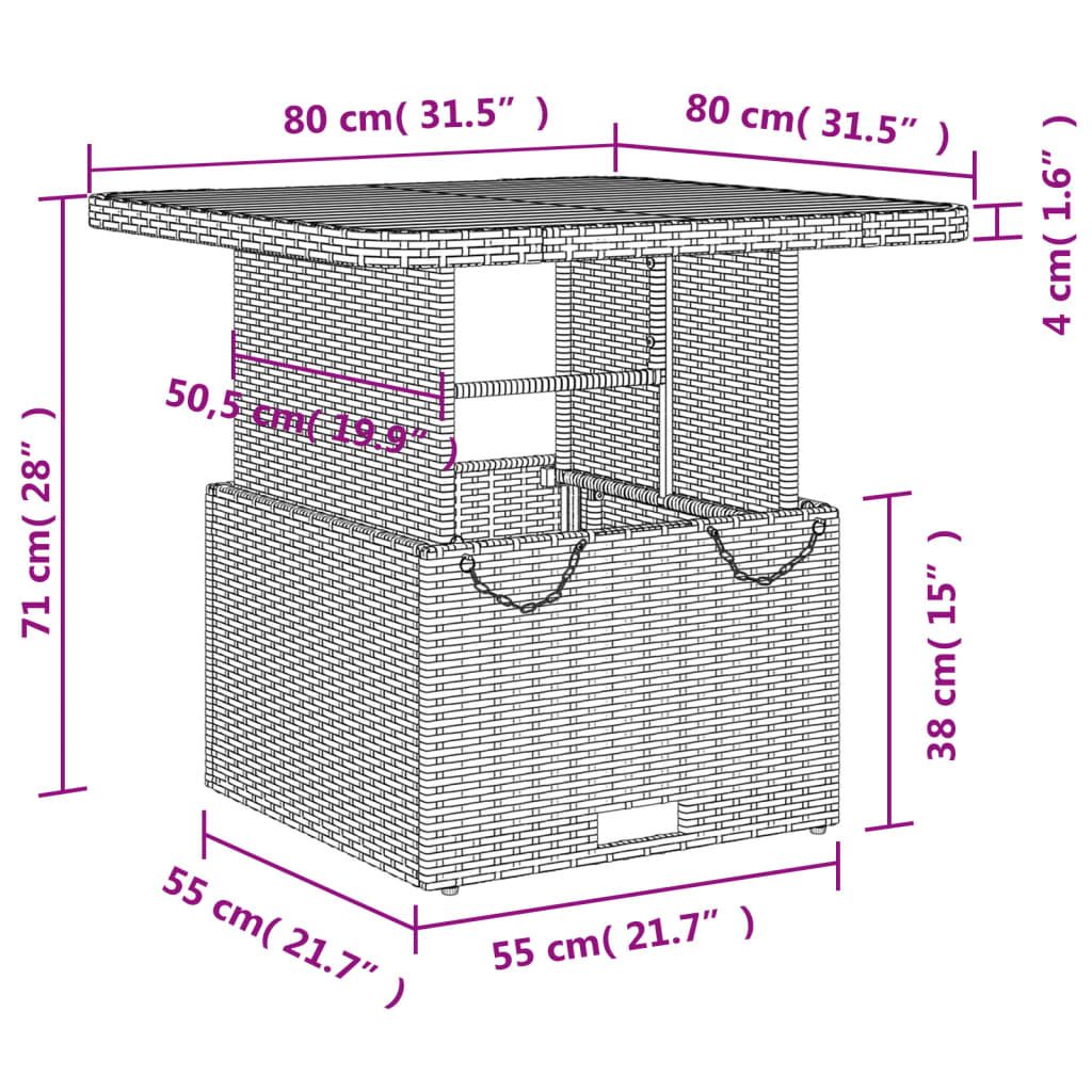 Garden table, black, 80x80x71cm, poly rattan/acacia wood