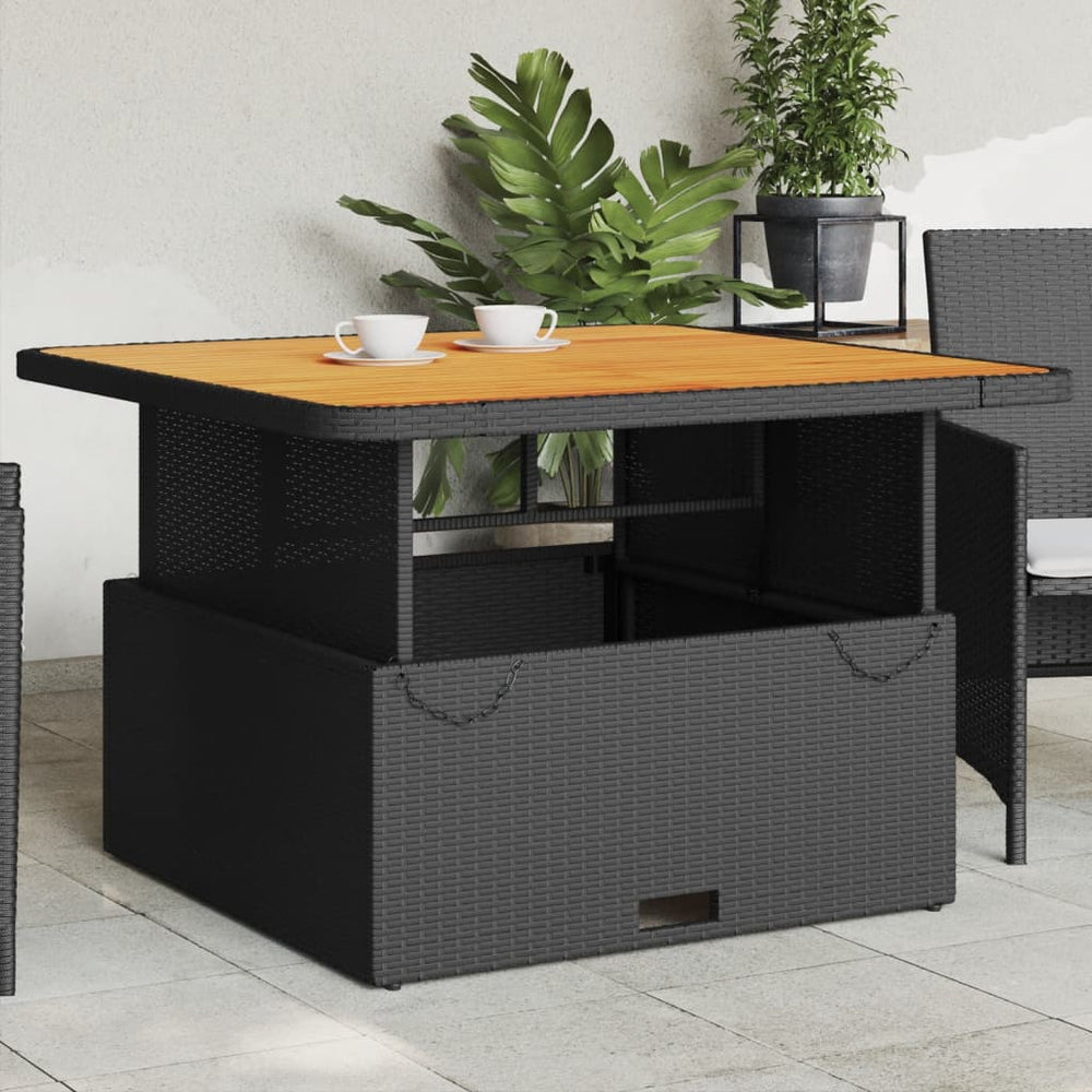Sodo stalas, juodas, 110x110x71cm, poliratanas/akacijos mediena