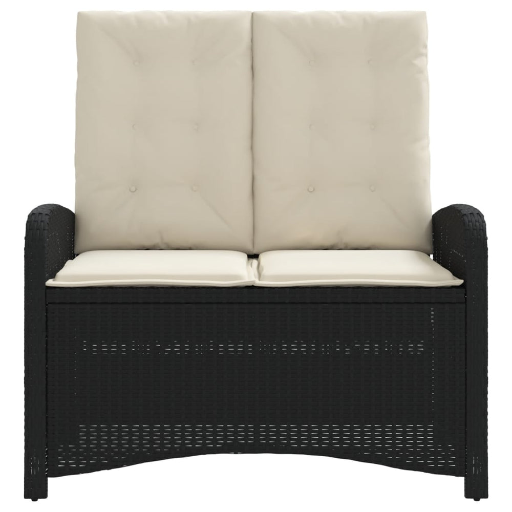 Reclining garden bench with cushions, black, poly rattan