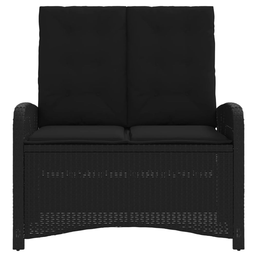 Reclining garden bench with cushions, black, poly rattan