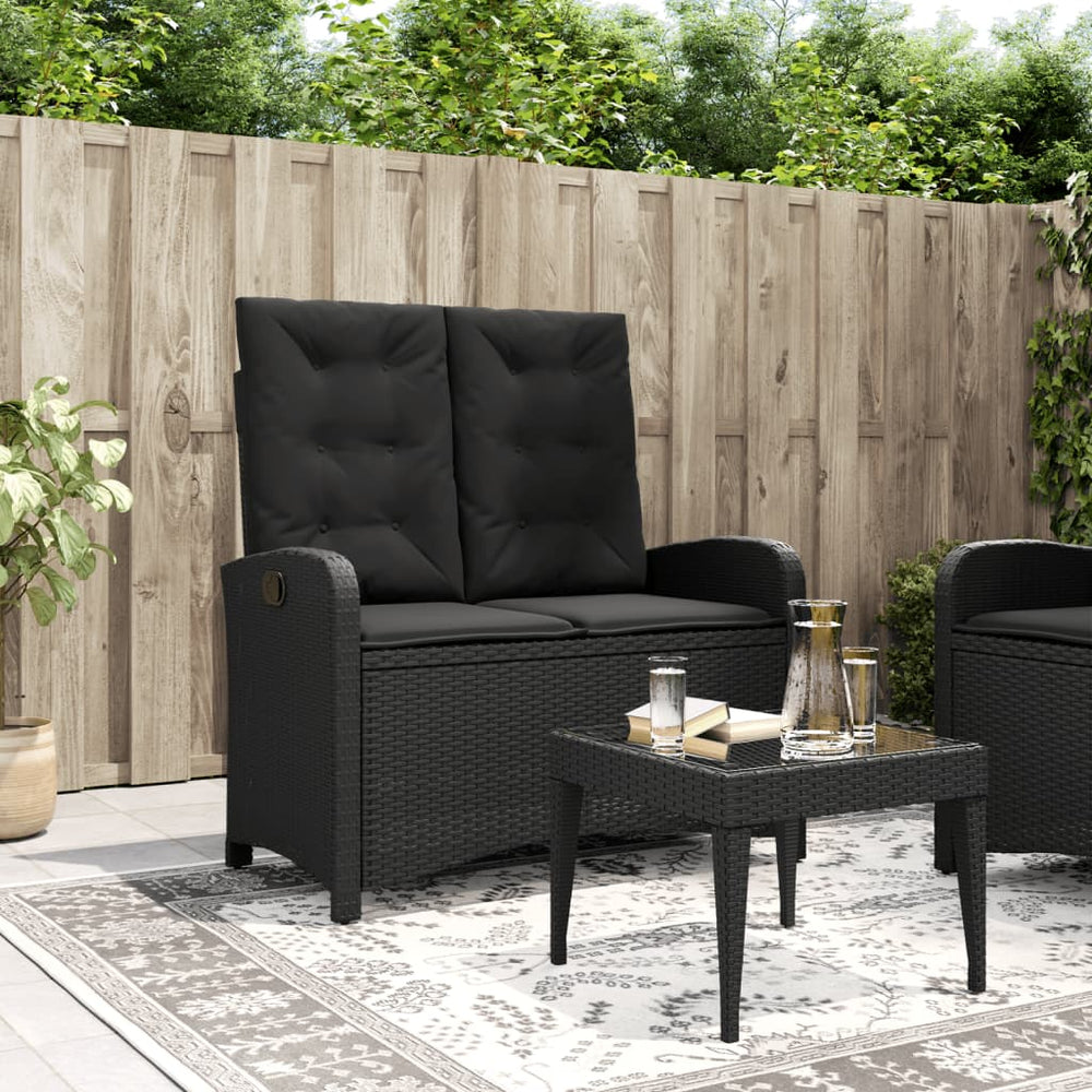 Reclining garden bench with cushions, black, poly rattan