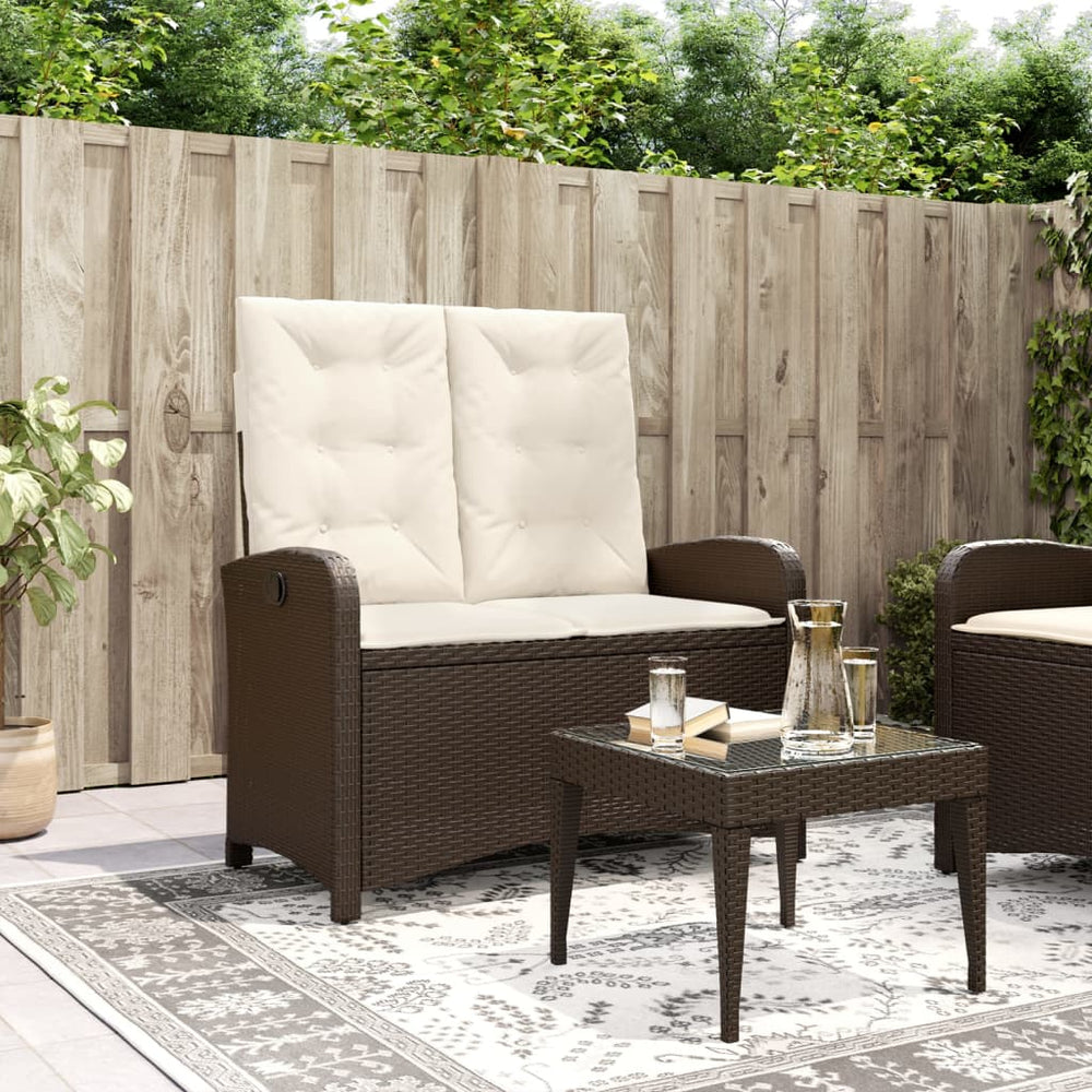 Reclining garden bench with cushions, brown, poly rattan