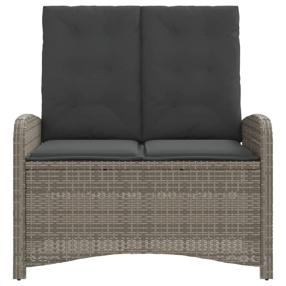 Reclining garden bench with cushions, grey, poly rattan