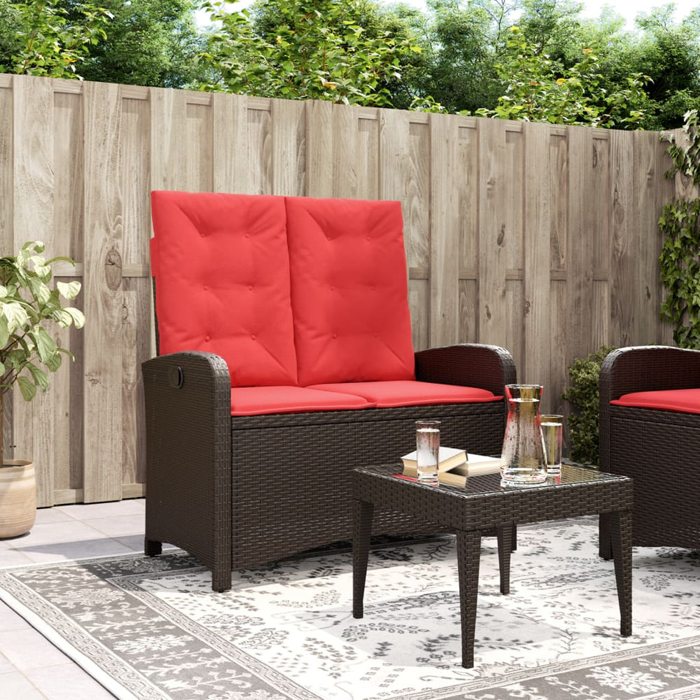 Reclining garden bench with cushions, brown, poly rattan