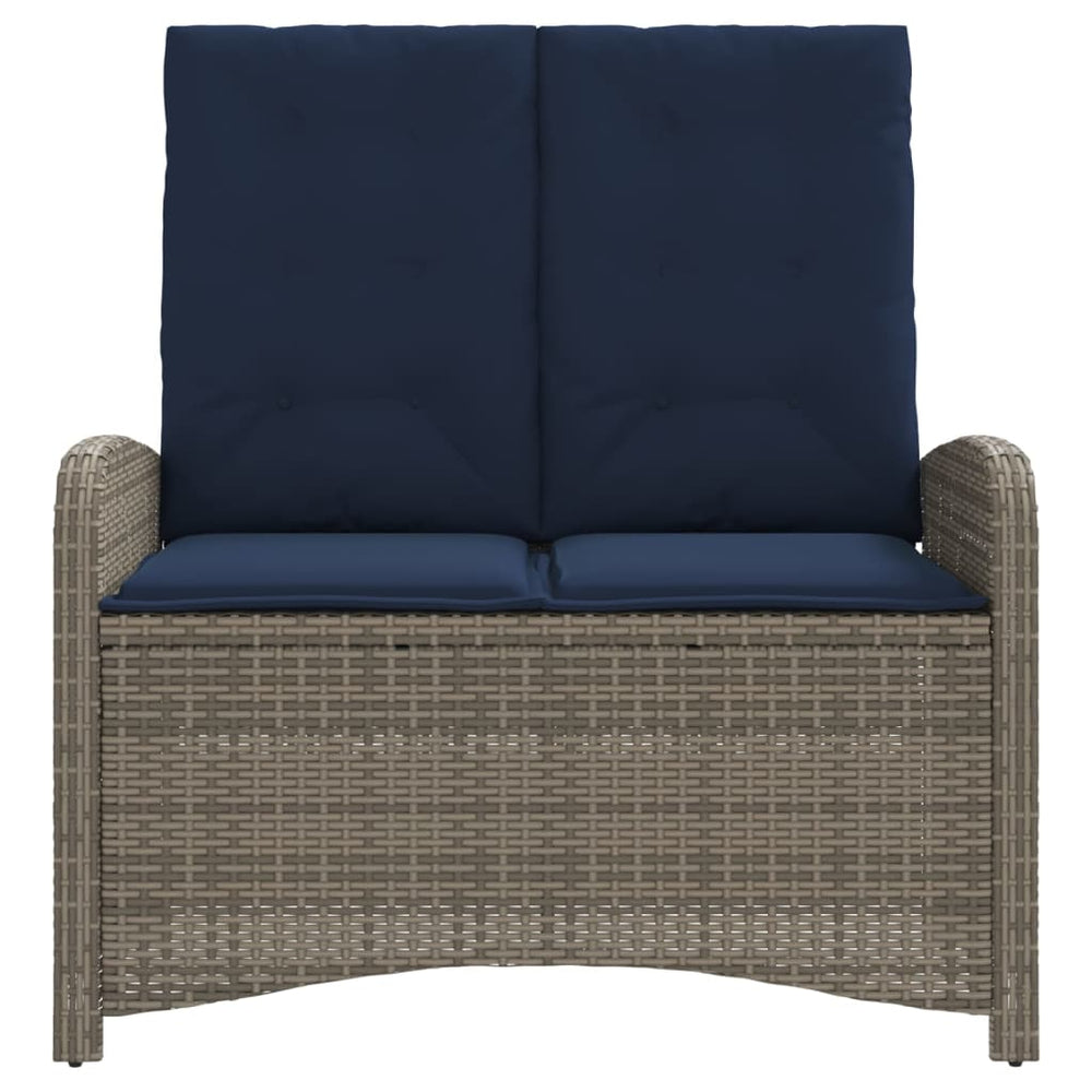 Reclining garden bench with cushions, grey, poly rattan