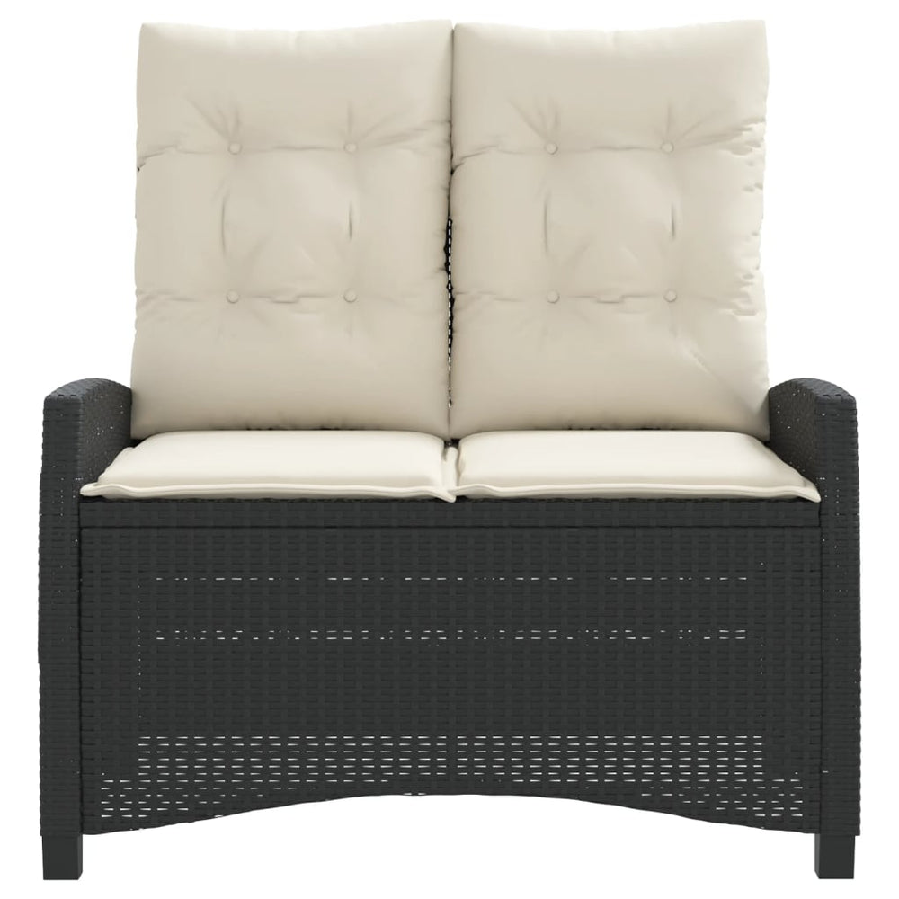 Reclining garden bench with cushions, black, poly rattan