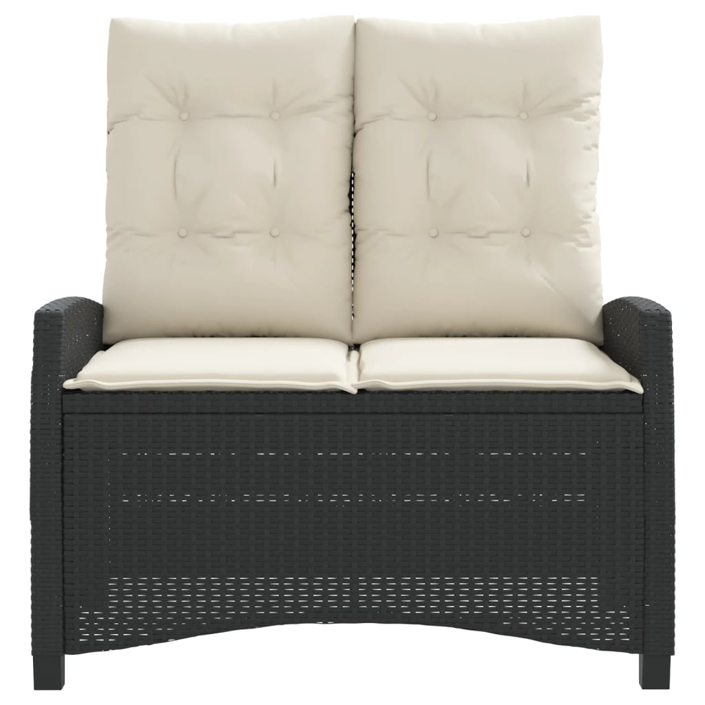 Reclining garden bench with cushions, black, poly rattan