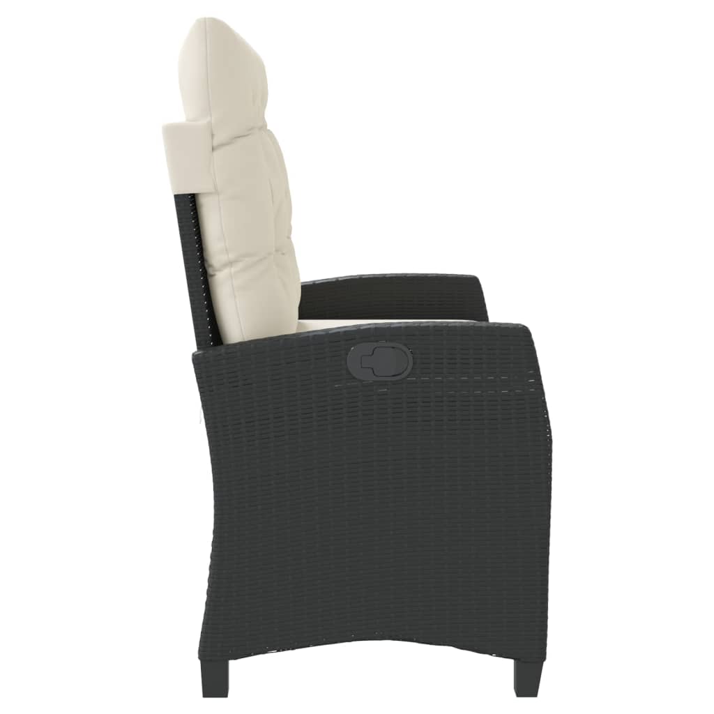 Reclining garden bench with cushions, black, poly rattan