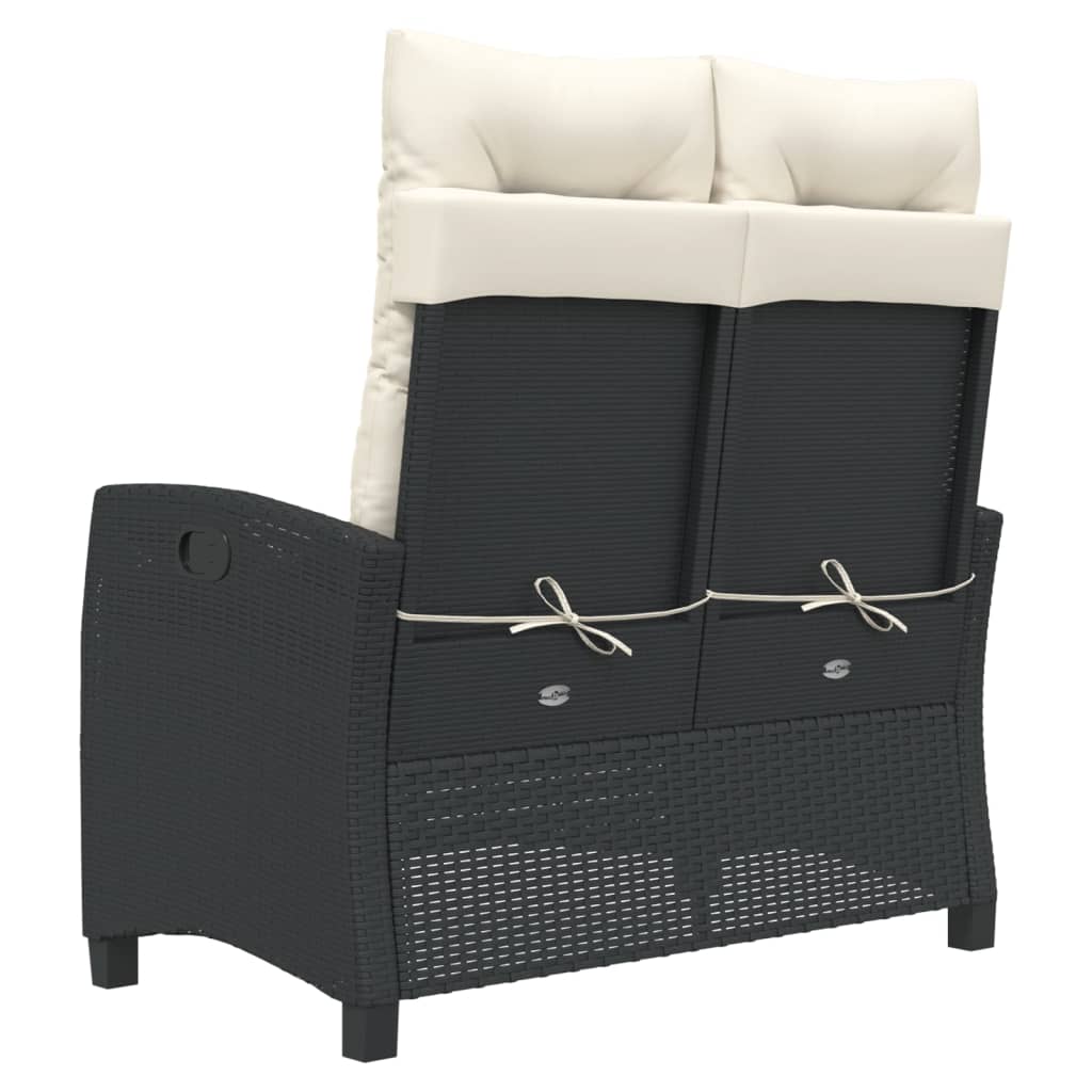 Reclining garden bench with cushions, black, poly rattan