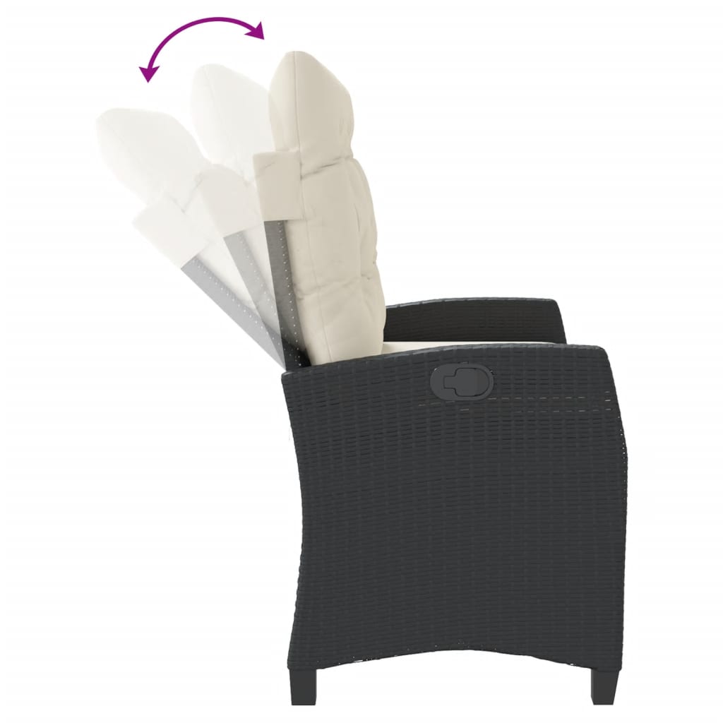 Reclining garden bench with cushions, black, poly rattan
