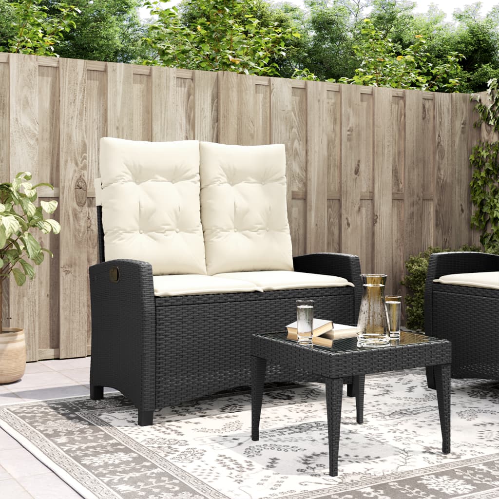 Reclining garden bench with cushions, black, poly rattan