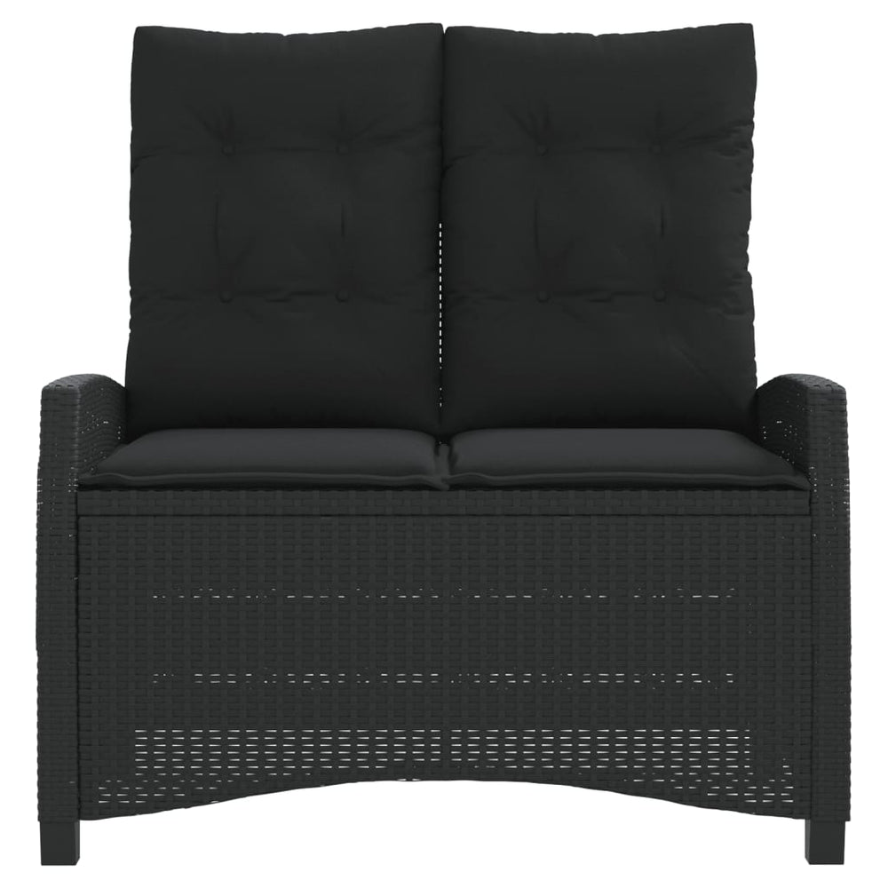 Reclining garden bench with cushions, black, poly rattan