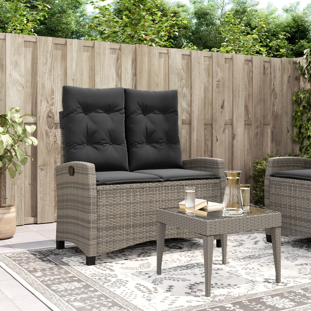 Reclining garden bench with cushions, grey, poly rattan