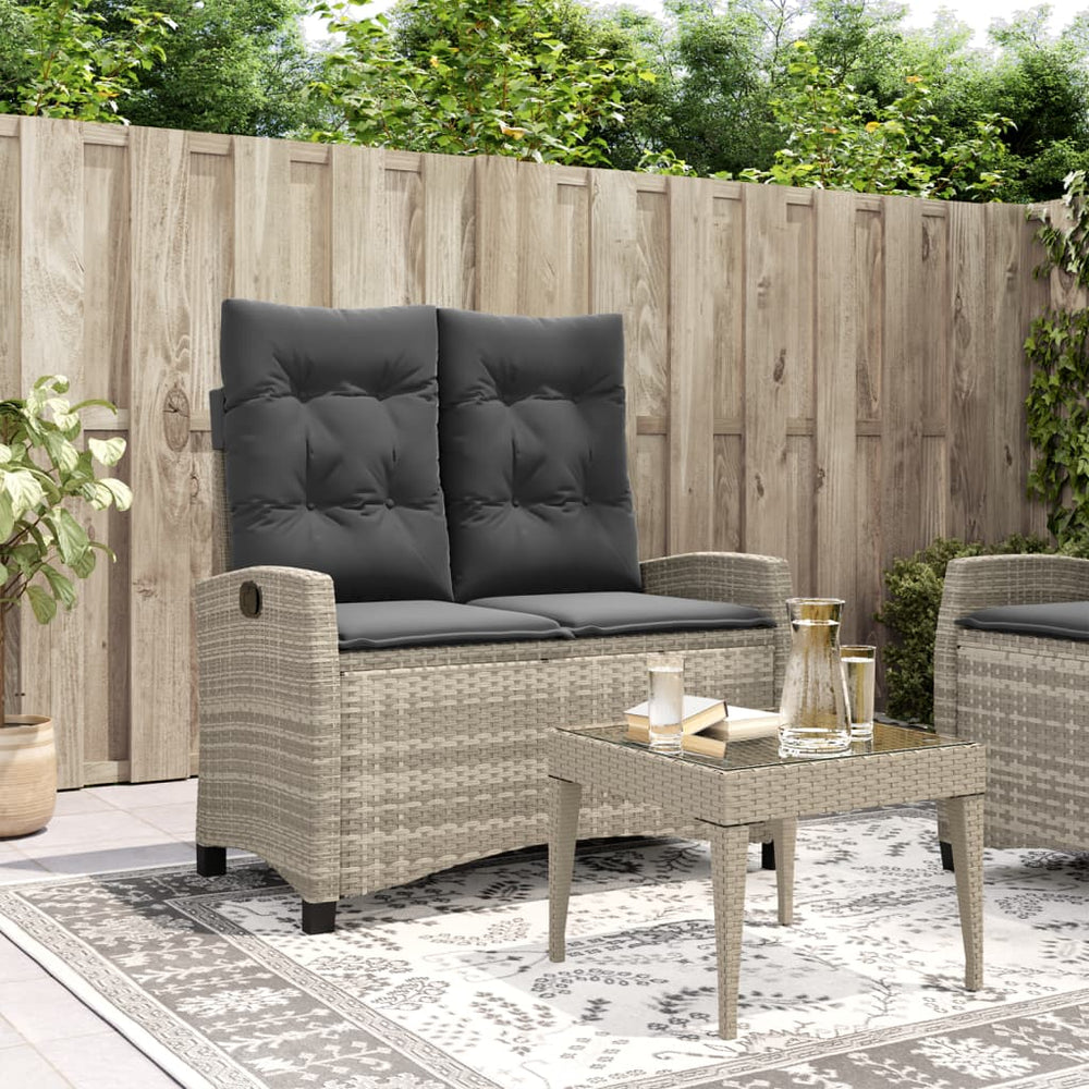 Reclining garden bench with cushions, grey, poly rattan