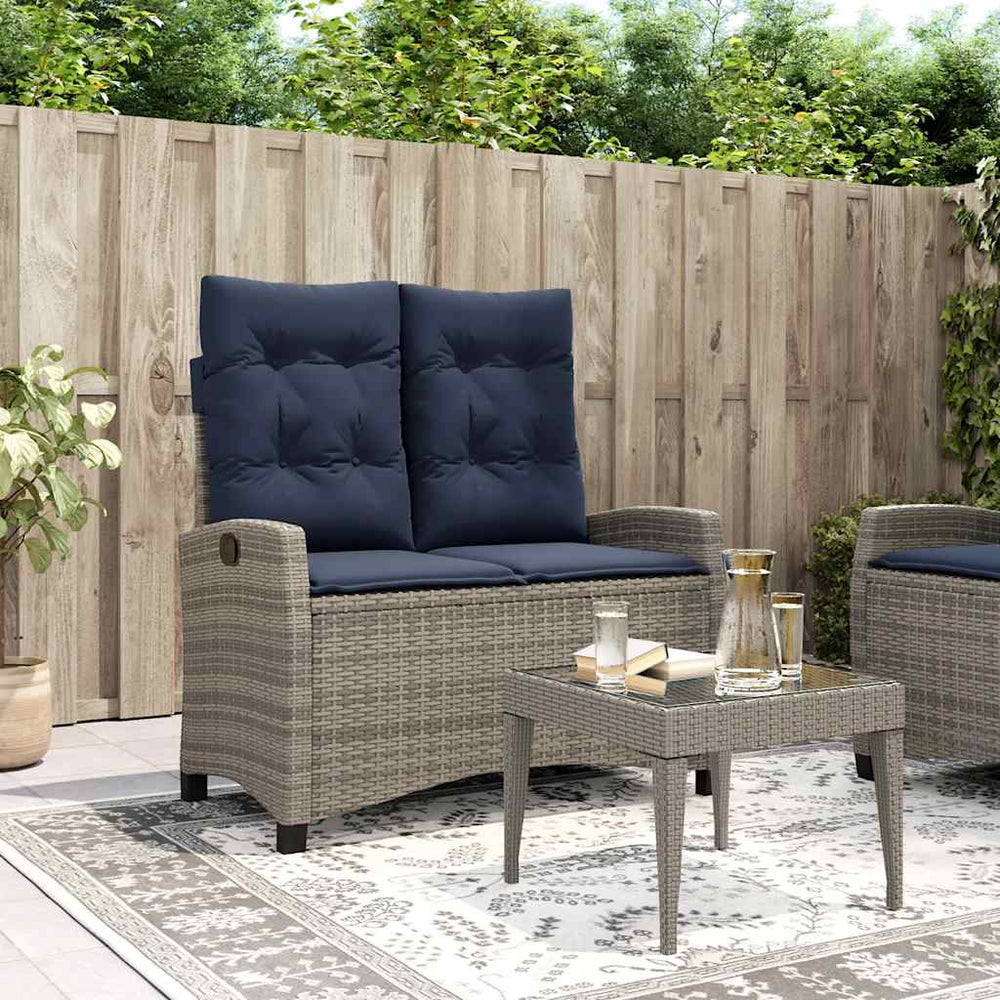 Reclining garden bench with cushions, grey, poly rattan