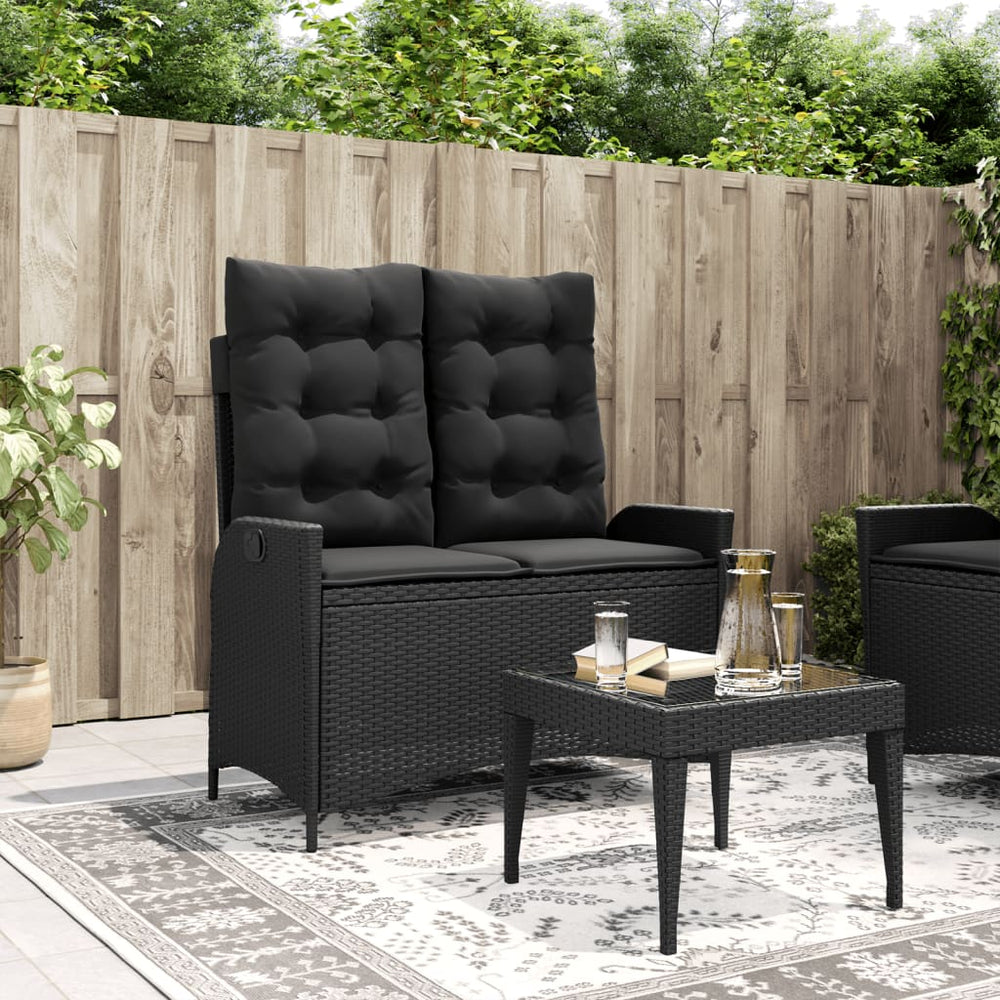Reclining garden bench with cushions, black, poly rattan