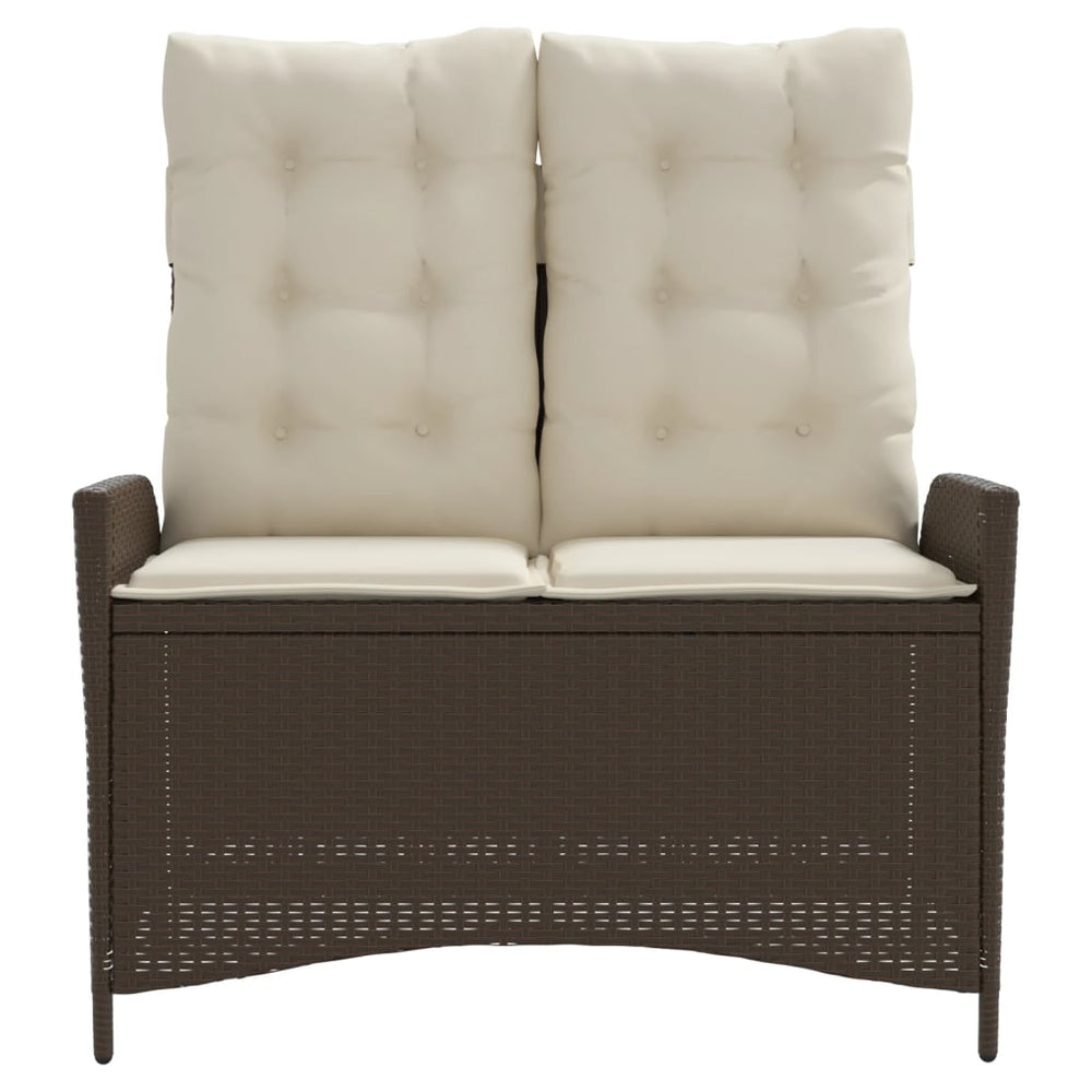 Reclining garden bench with cushions, brown, poly rattan