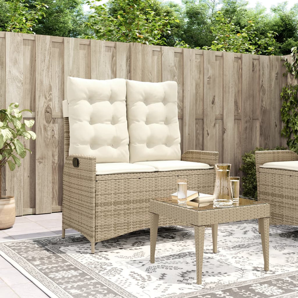 Reclining garden bench with cushions, sand, poly rattan
