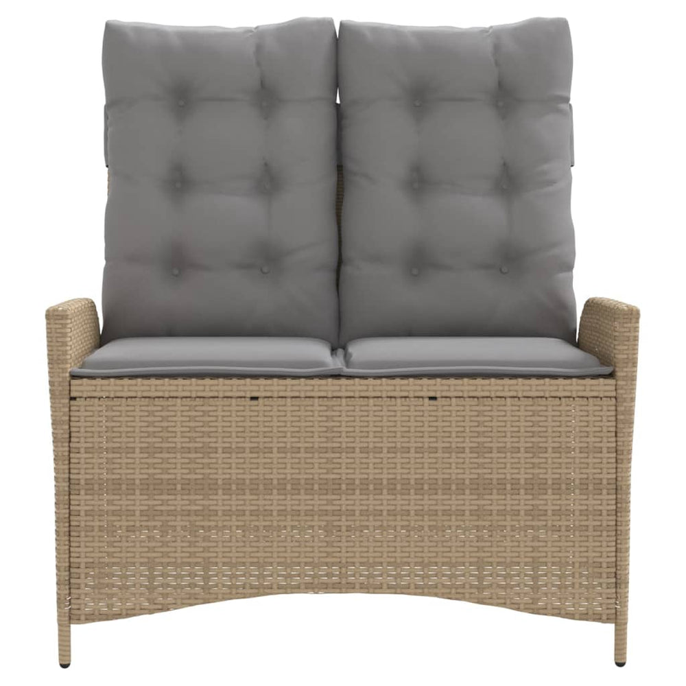 Reclining garden bench with cushions, sand, poly rattan