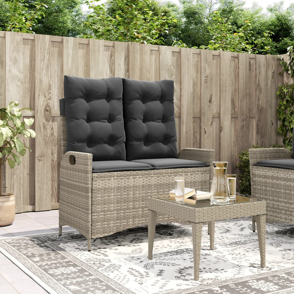 Reclining garden bench with cushions, grey, poly rattan