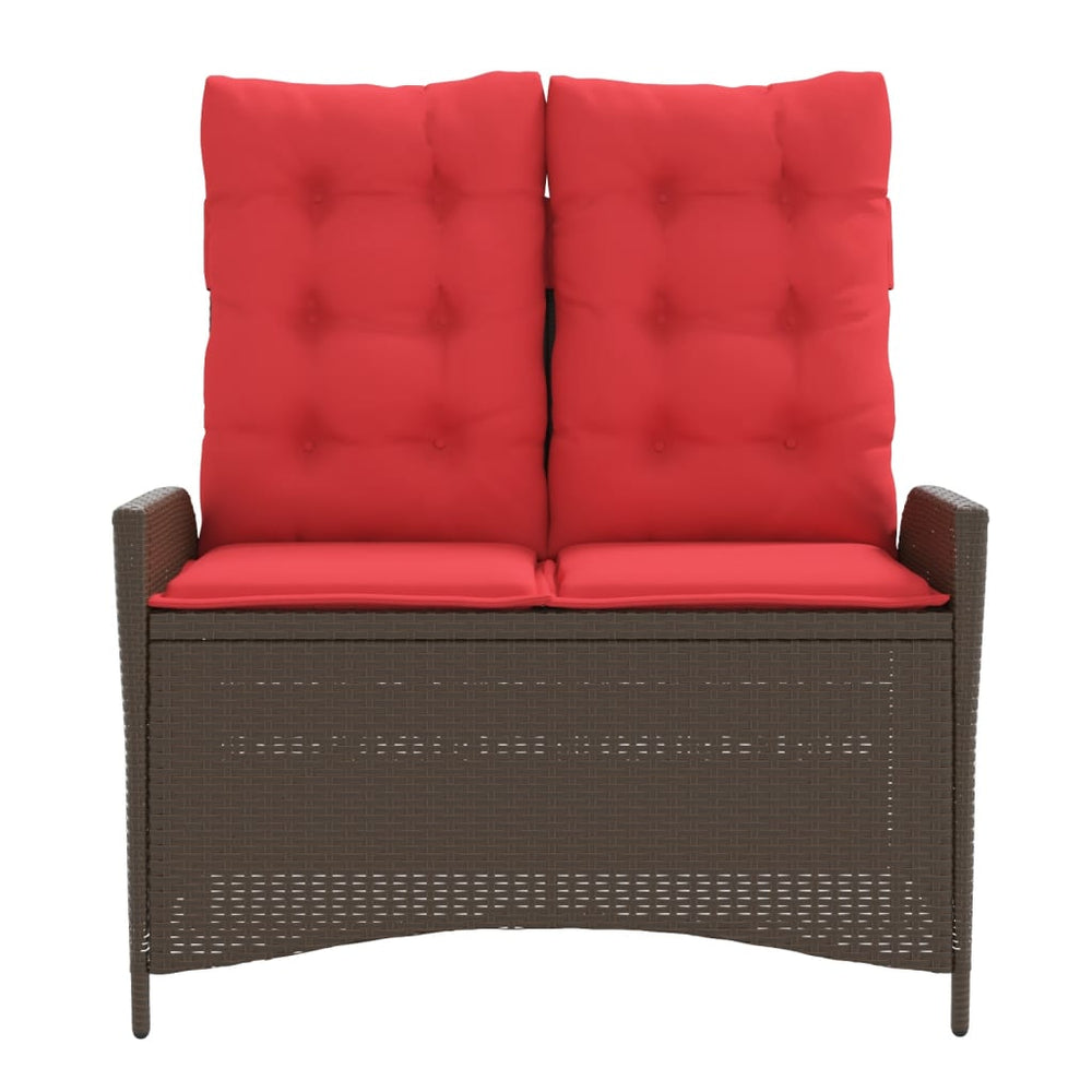 Reclining garden bench with cushions, brown, poly rattan