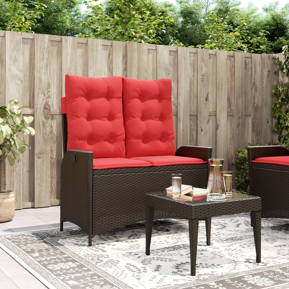 Reclining garden bench with cushions, brown, poly rattan