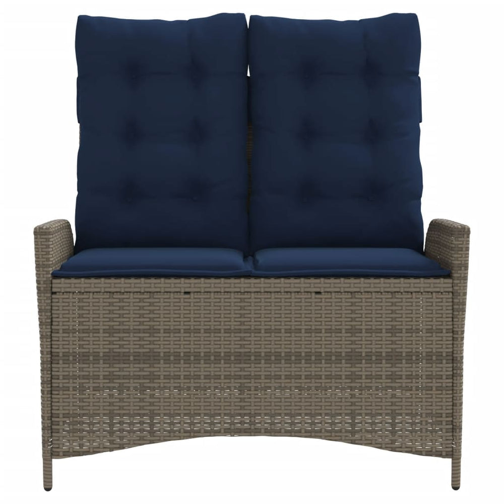 Reclining garden bench with cushions, grey, poly rattan