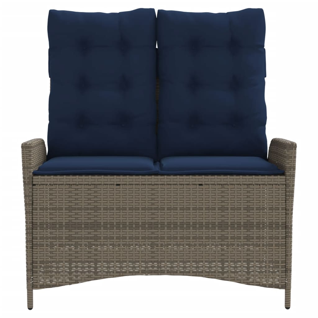 Reclining garden bench with cushions, grey, poly rattan