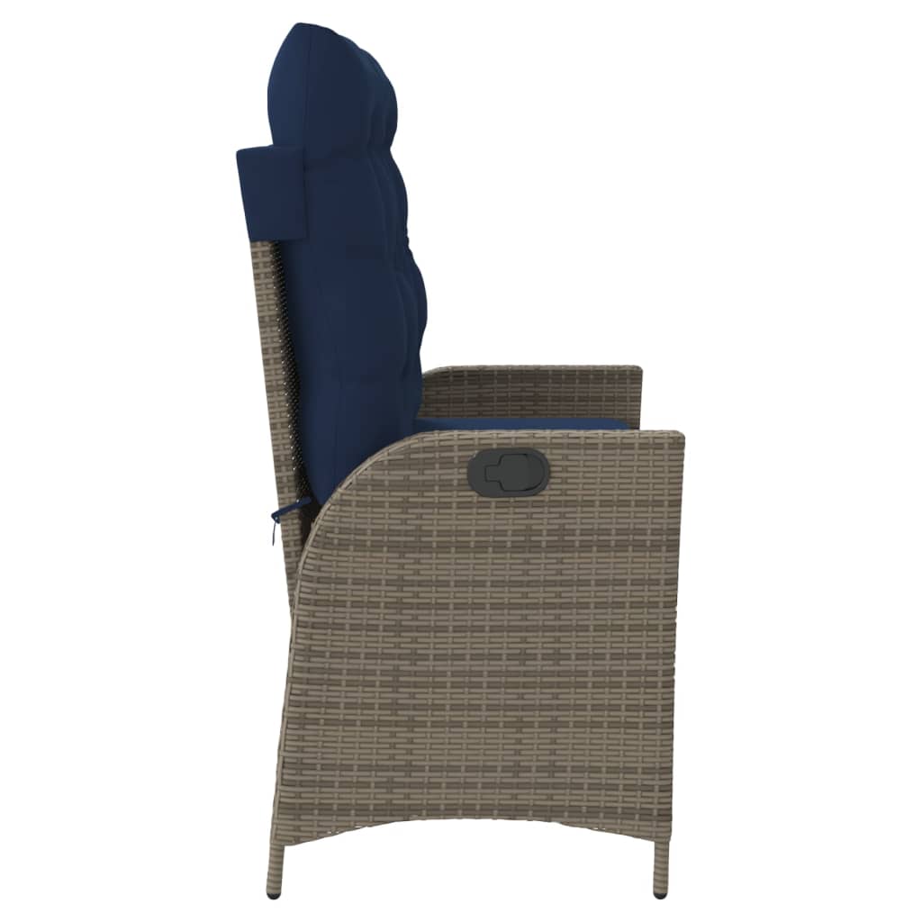 Reclining garden bench with cushions, grey, poly rattan