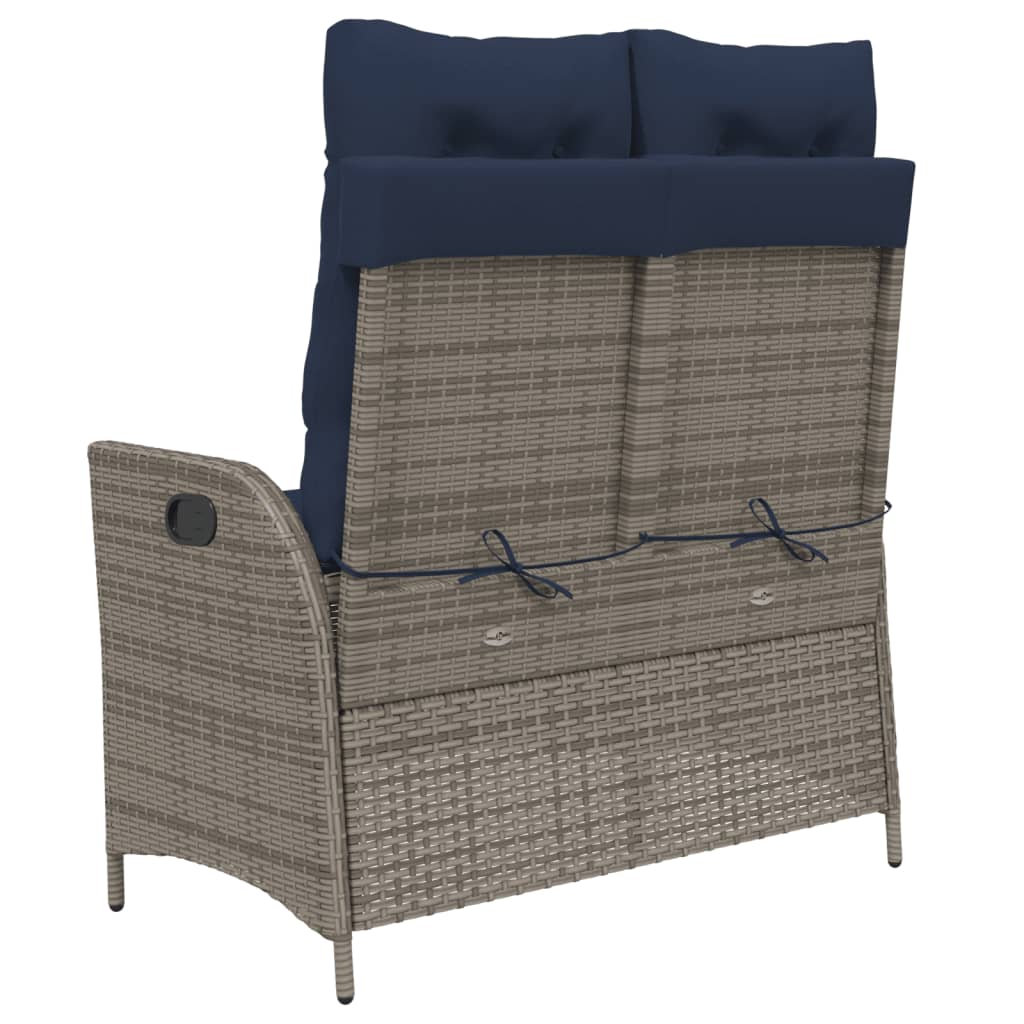 Reclining garden bench with cushions, grey, poly rattan