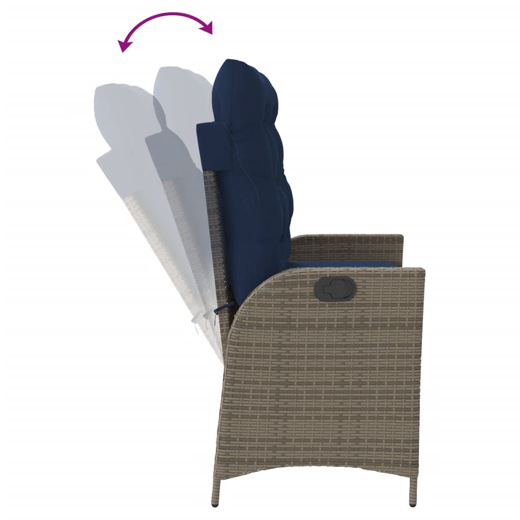 Reclining garden bench with cushions, grey, poly rattan