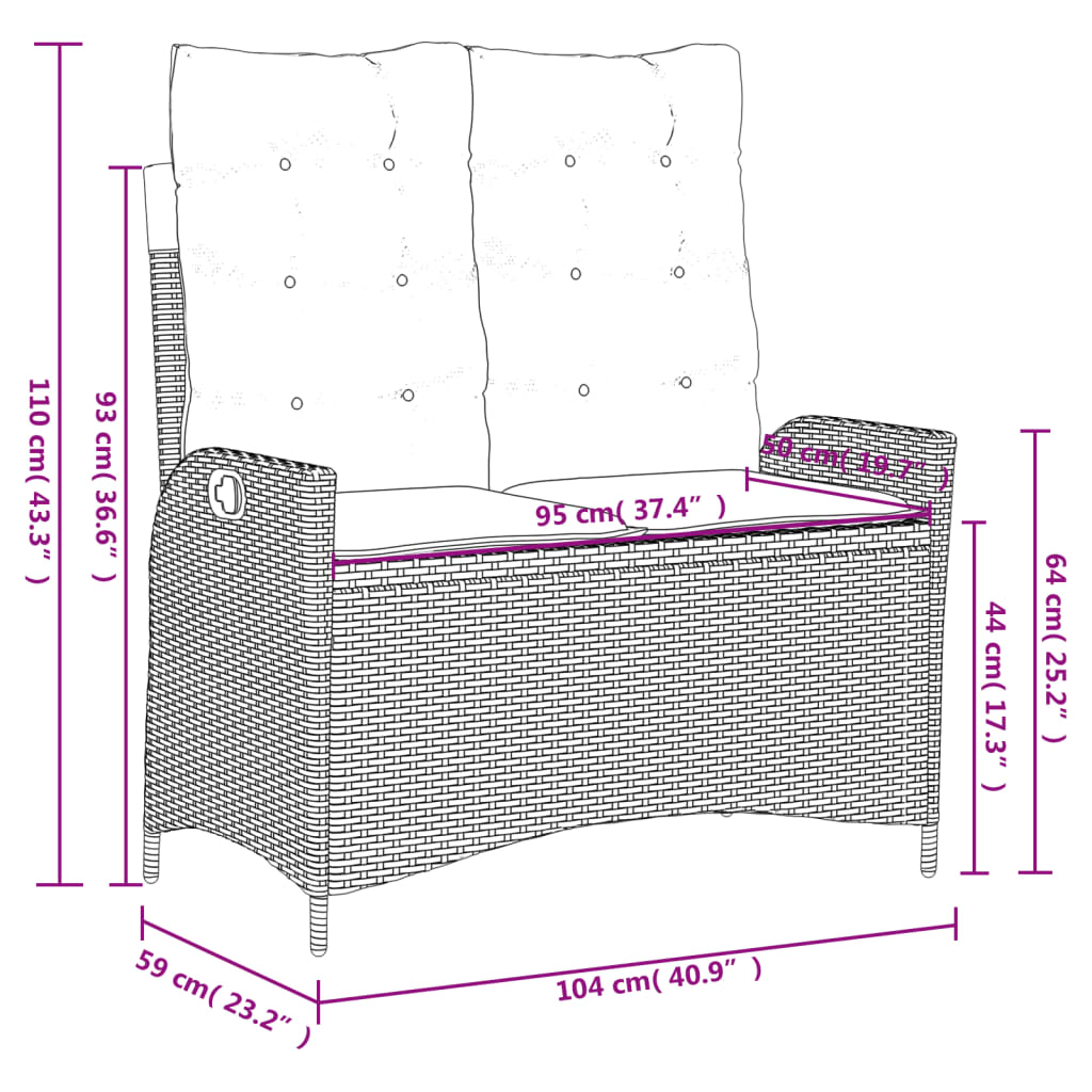 Reclining garden bench with cushions, grey, poly rattan