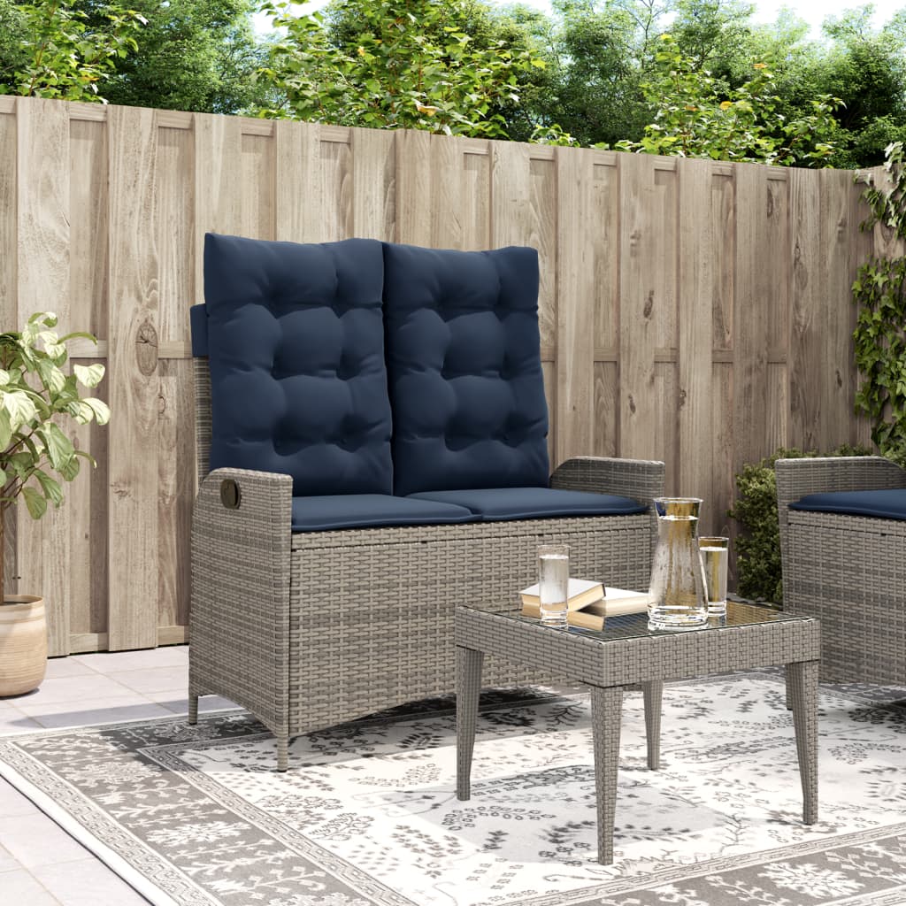 Reclining garden bench with cushions, grey, poly rattan