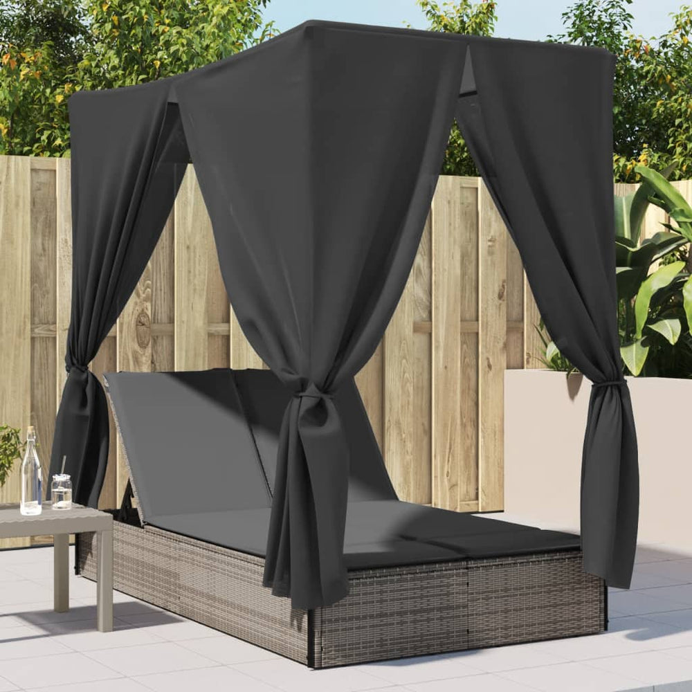 Two-seater sun lounger with canopy and curtains, grey