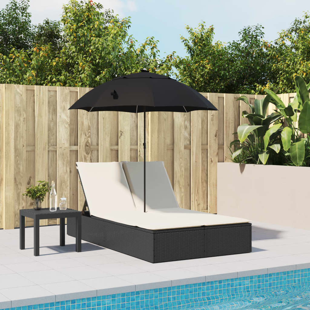 Double sun lounger with cushions/umbrella, black, rattan