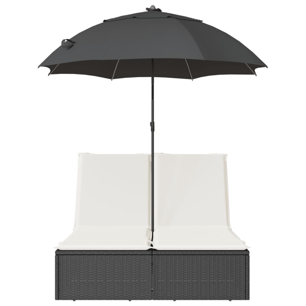 Double sun lounger with cushions/umbrella, black, rattan