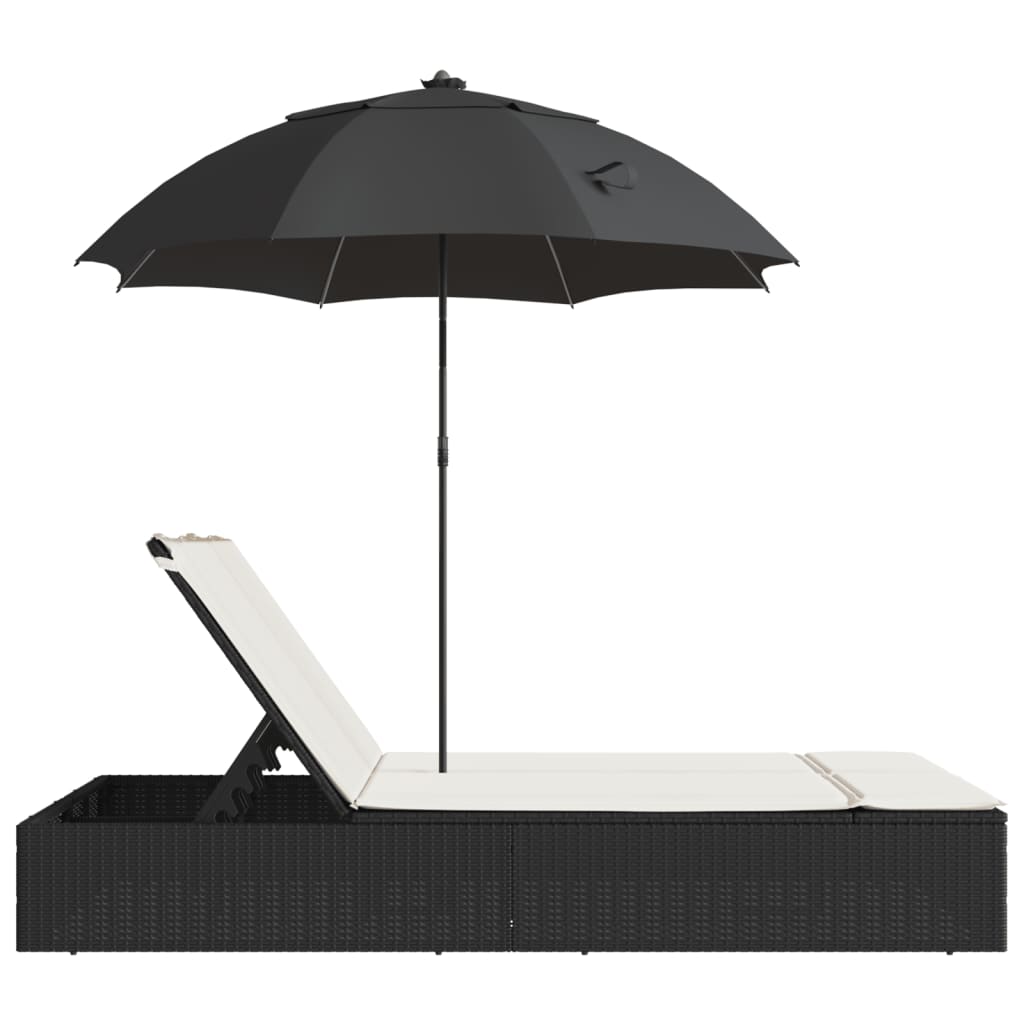 Double sun lounger with cushions/umbrella, black, rattan