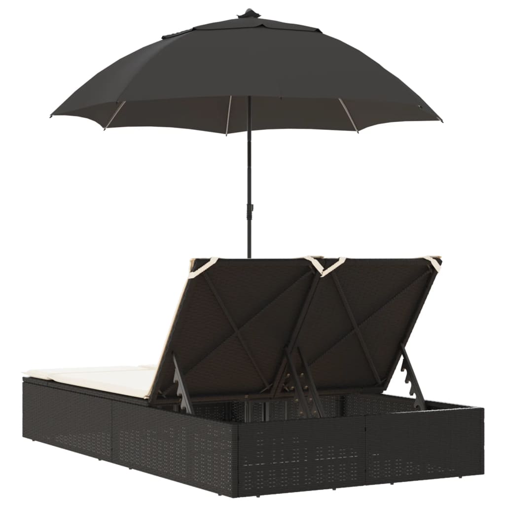 Double sun lounger with cushions/umbrella, black, rattan