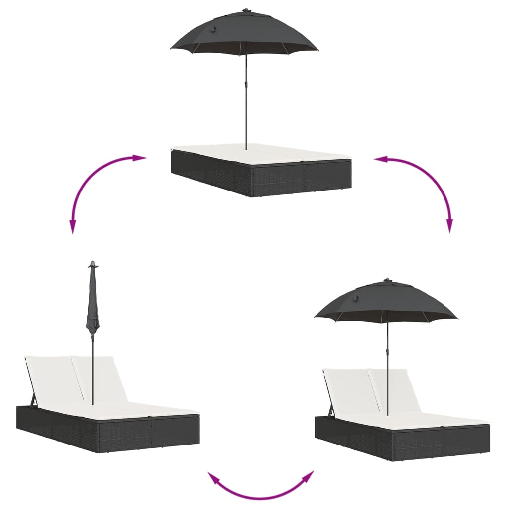 Double sun lounger with cushions/umbrella, black, rattan