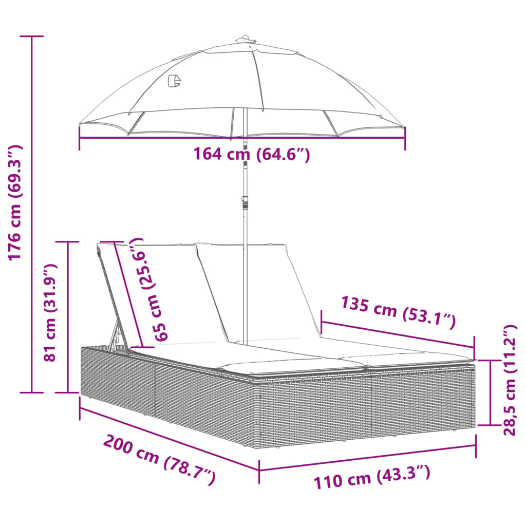 Double sun lounger with cushions/umbrella, black, rattan