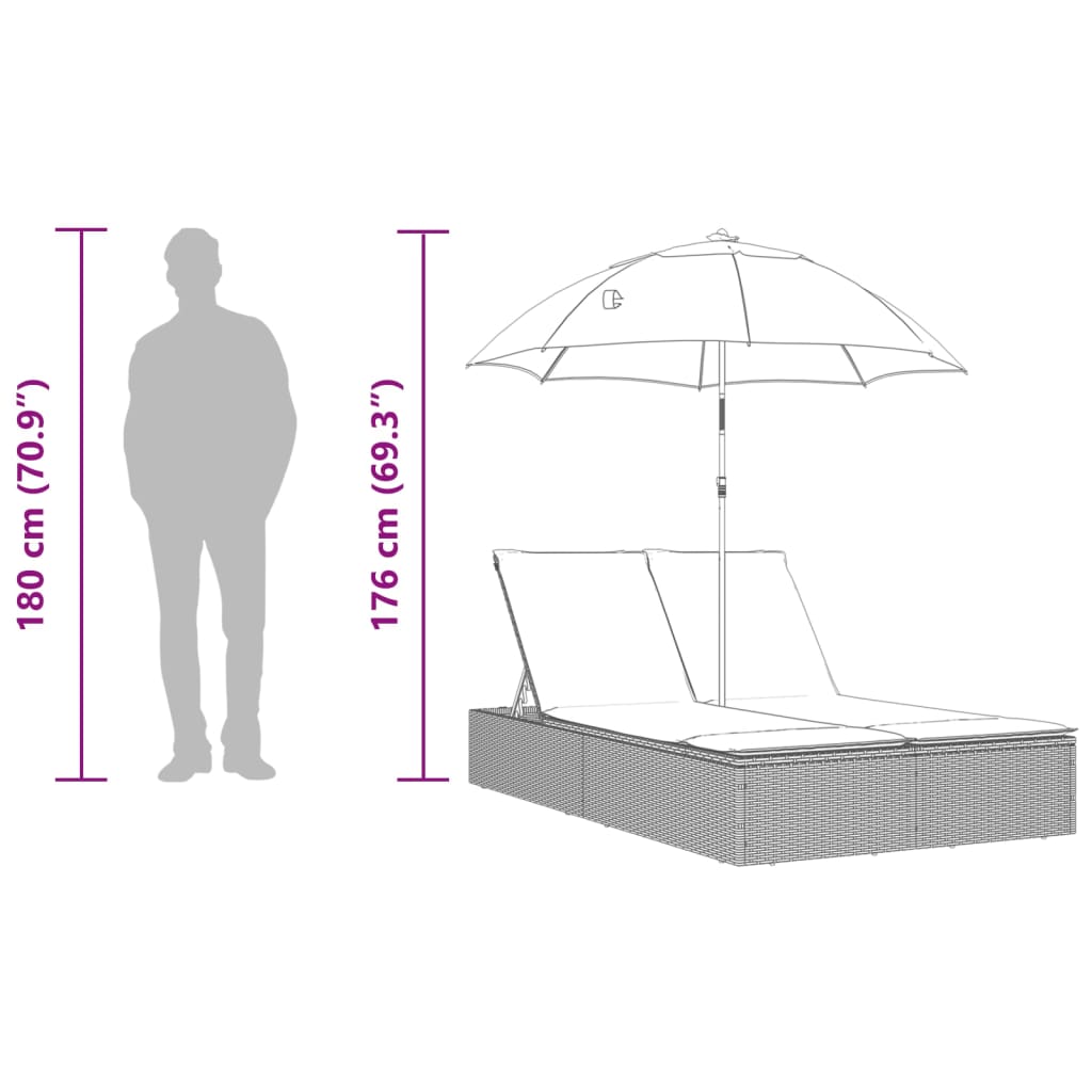 Double sun lounger with cushions/umbrella, black, rattan