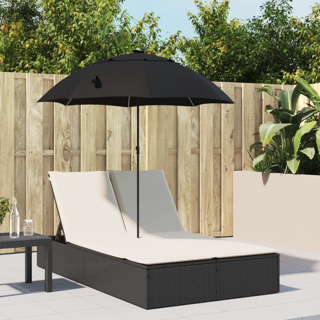 Double sun lounger with cushions/umbrella, black, rattan