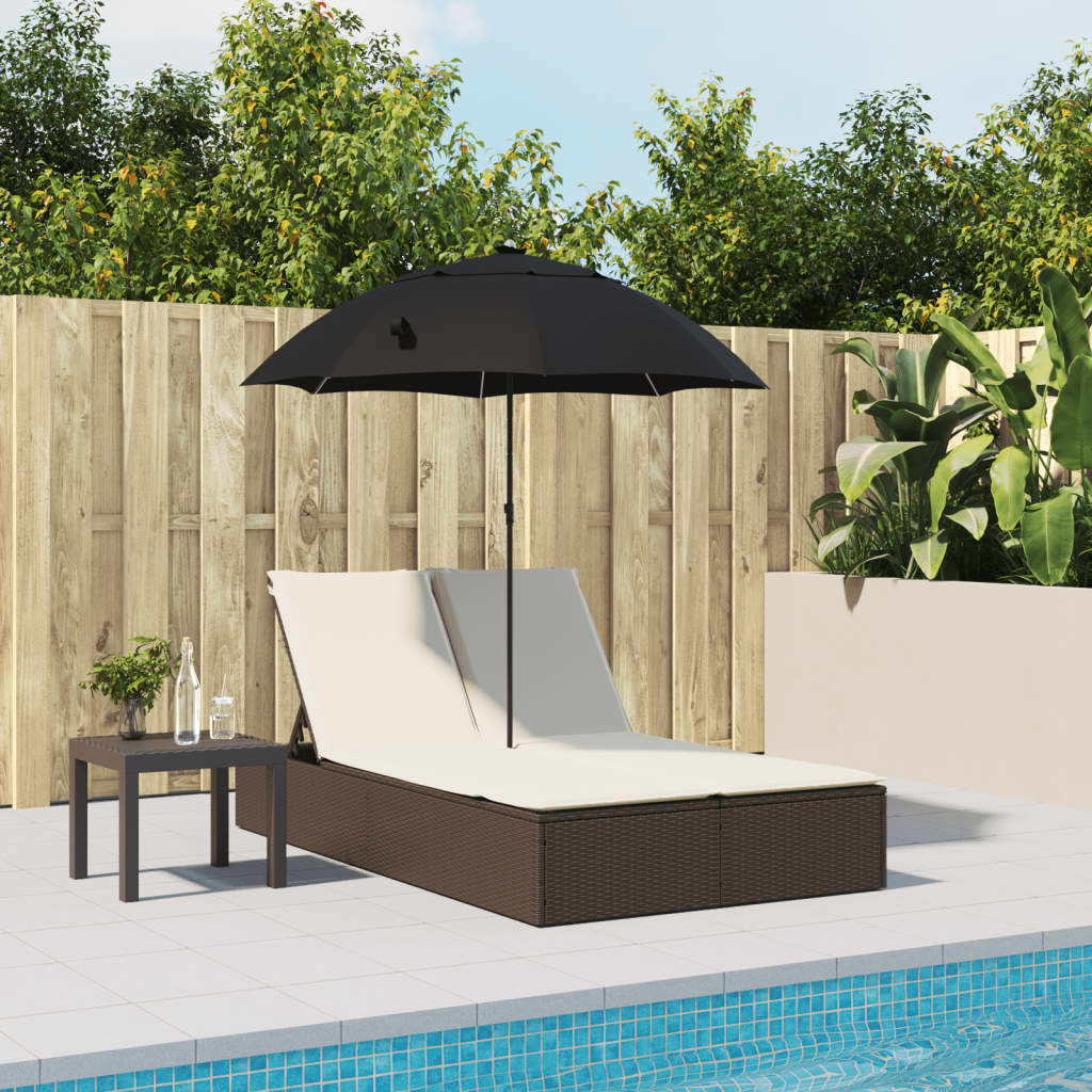 Double sun lounger with cushions/umbrella, brown, rattan