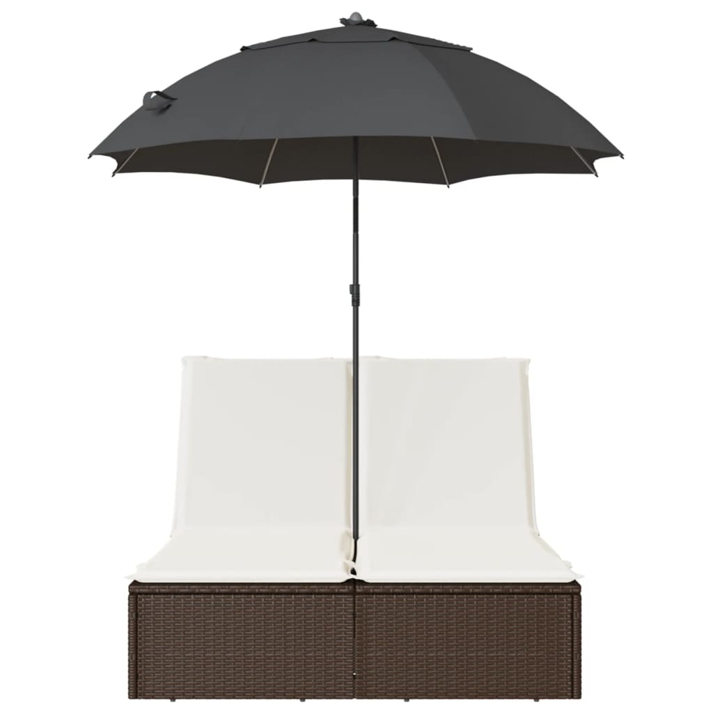 Double sun lounger with cushions/umbrella, brown, rattan