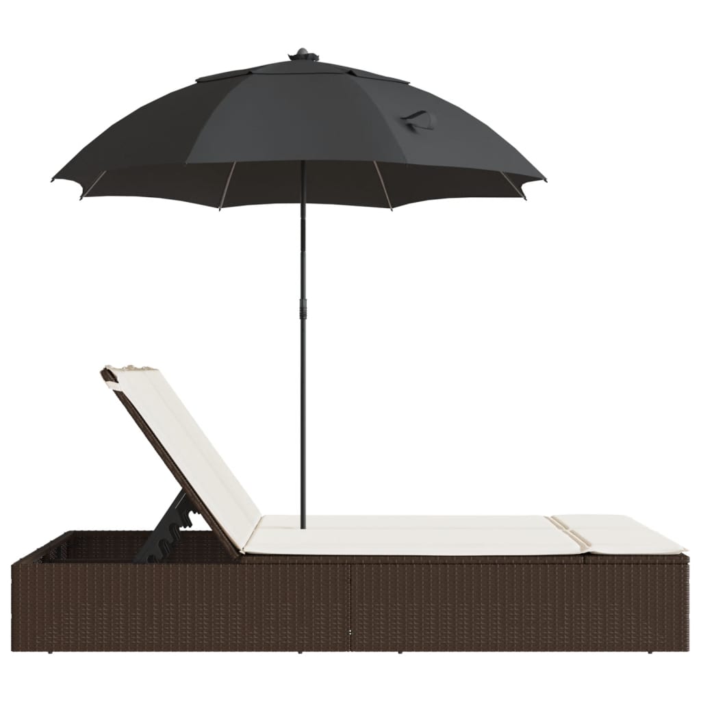 Double sun lounger with cushions/umbrella, brown, rattan